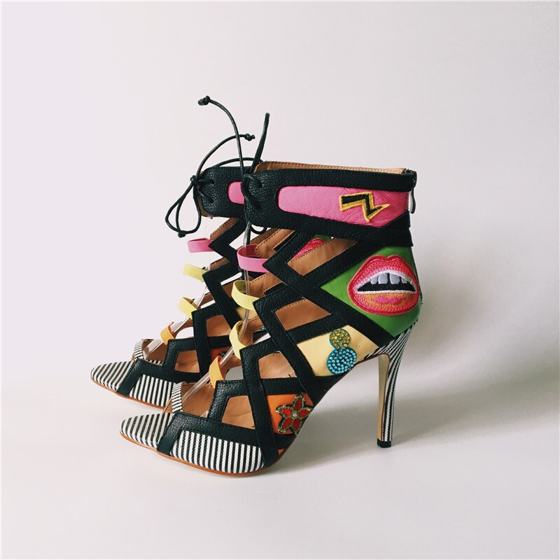 Women Summer Sandals Colorful Embroider High Heels Sandalias Fashion Zapatos Mujer Lace Up Pumps Prom Booties lightning