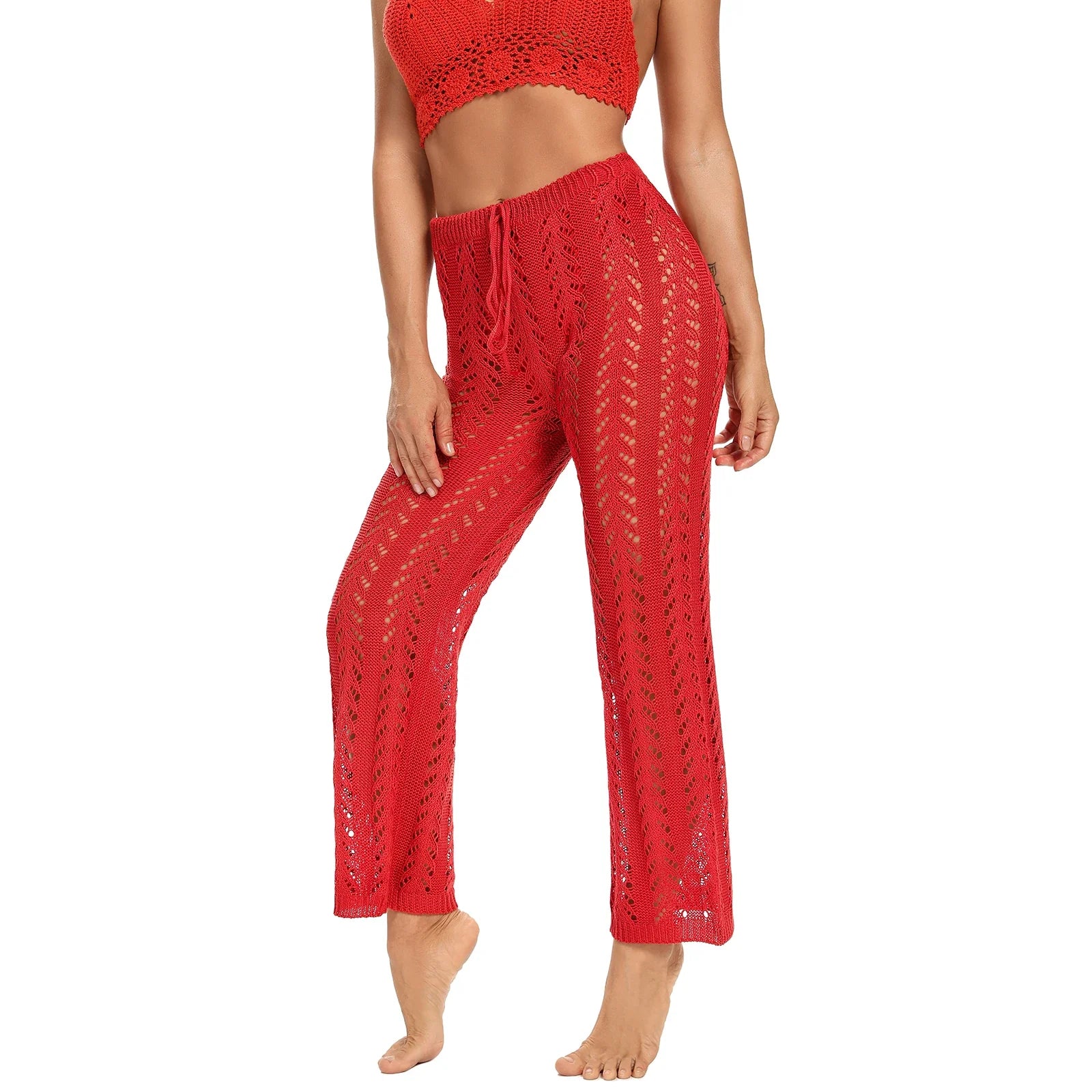 Women Beach Bikini Swim Pants Sexy Bikini Cover Up Sunscreen Nets pant Mesh Tunic Pareo Beachwear Crochet Slim Bikini Top Red