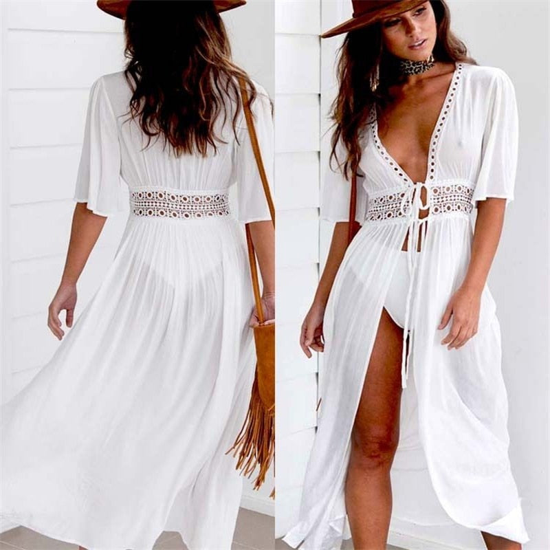 Plus Size Beach Long Maxi Dress Bikini Cover Up Tunic Pareo White V Neck Dress Robe Swimwear Bathing Suit Beachwear White