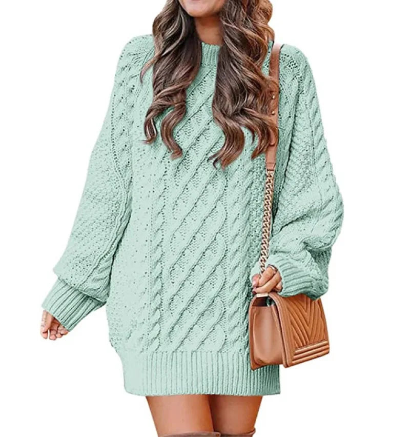 13 Colors Women Crewneck Long Sleeve Oversized Tops Cable Knit Chunky Pullove Thick Autumn and Winter Sweater Dresses Light green
