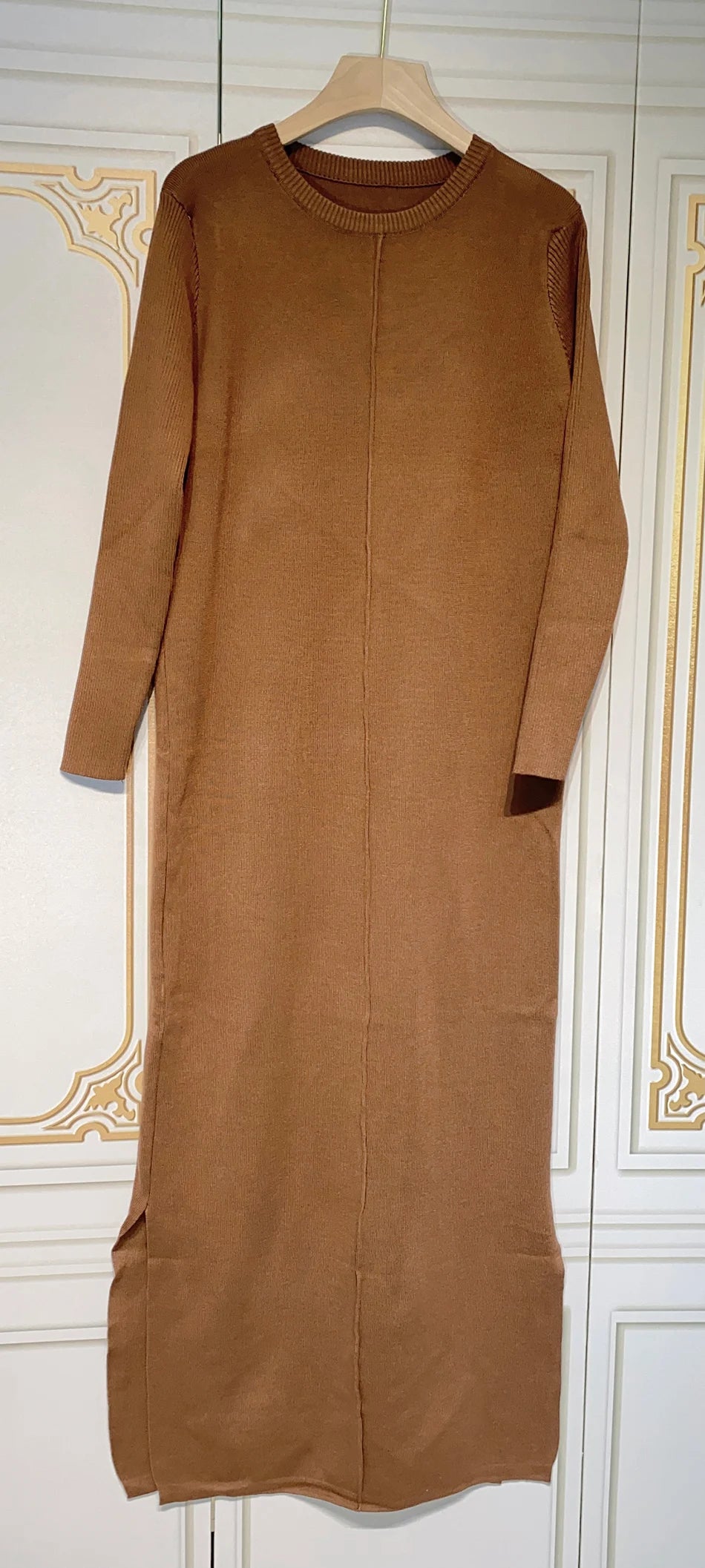 2024 Casual Midi Knit Dress Women's O-neck Long Sleeve Split Straight Dresses 2023 New Autumn Pure Color Knit Vestidos Brown
