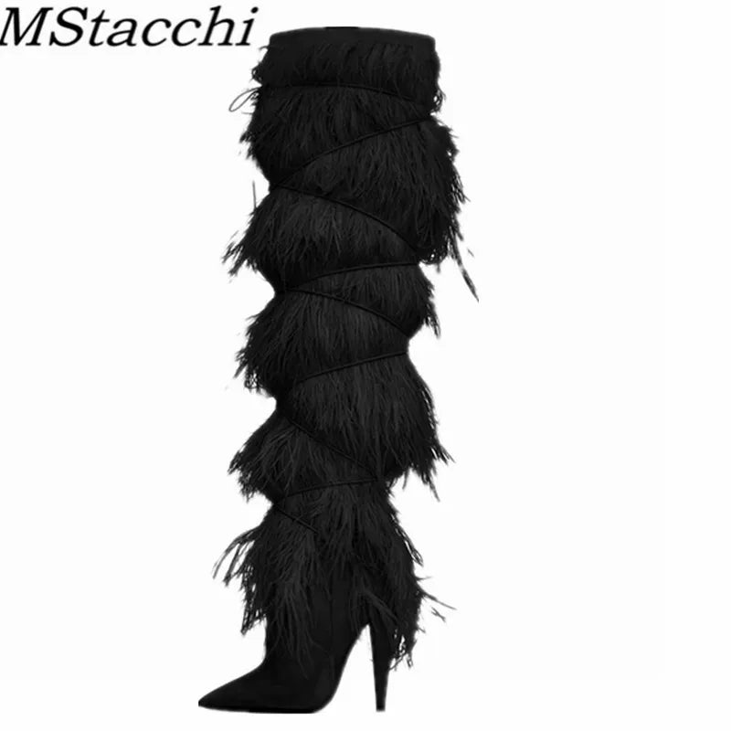 Feather Women's High Boots Suede Cross-tied Pointed Toe Party High Heel Shoes Sexy Ostrich Feather Women's Over The Knee Boots