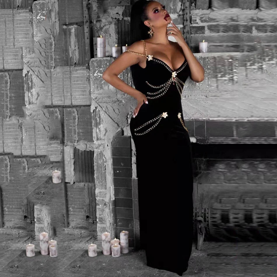 Runway Fashion Maxi Long Bandage Dress Open Fork Chains Strap Fashion Beading Bandage Dress Cocktail Party Bodycon Dresses 2025