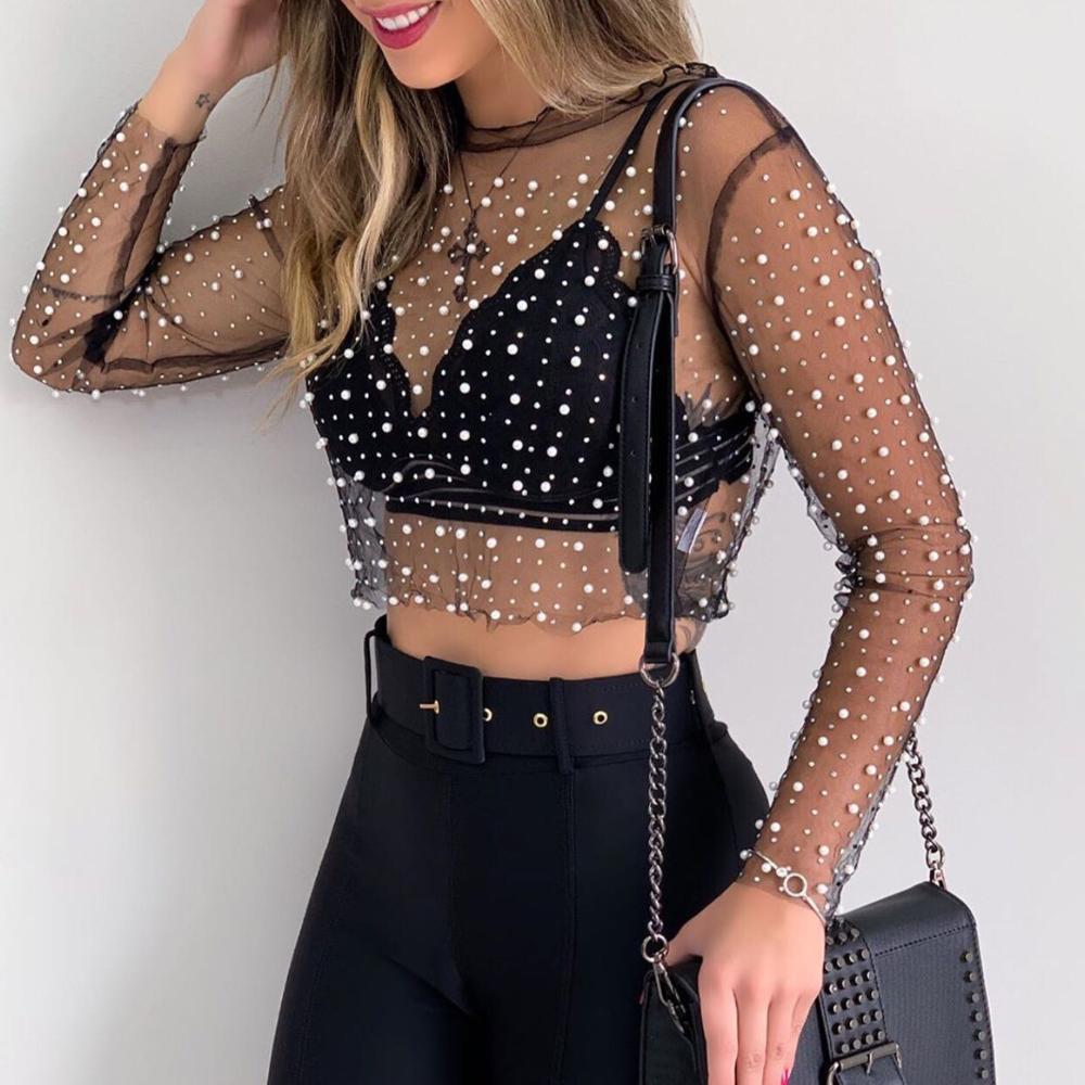 Sexy See Through T Shirt Women Mesh Patchwork Diamonds Pearl Slim T-Shirts Elegant Crop Tops Female 2024 Spring Clothes Black