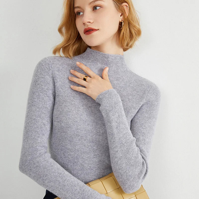 Cashmere sweater women Autumn and winter Half turtleneck cashmere jumpers knit female long sleeve Slim pullover Light gray