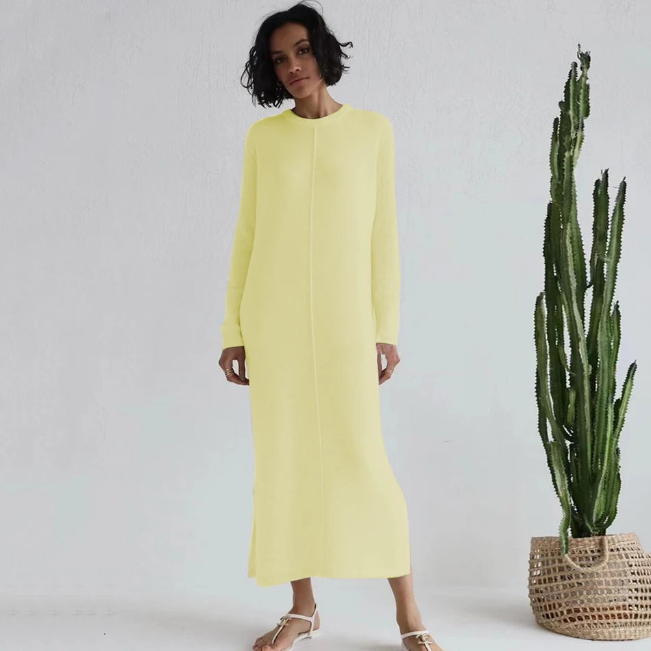 2024 Casual Midi Knit Dress Women's O-neck Long Sleeve Split Straight Dresses 2023 New Autumn Pure Color Knit Vestidos Yellow