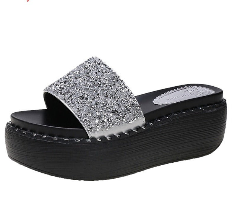 Platform Rhinestone Sandals Slippers Women Gemstone Slides Women Shoes Wedge Slippers String Bead Beach Slides Shoes Silver
