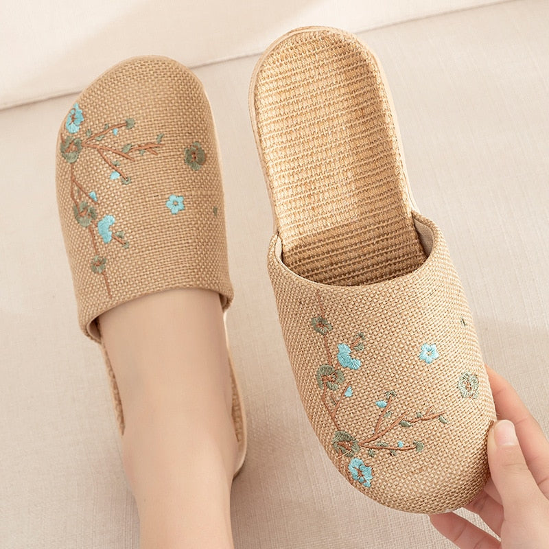 Suihyung Summer Flax Slippers Women Men Casual Linen Slides Multi-Style Non-Slip EVA Home Flip Flops Indoor Shoes Female Sandals Green Flowers 2