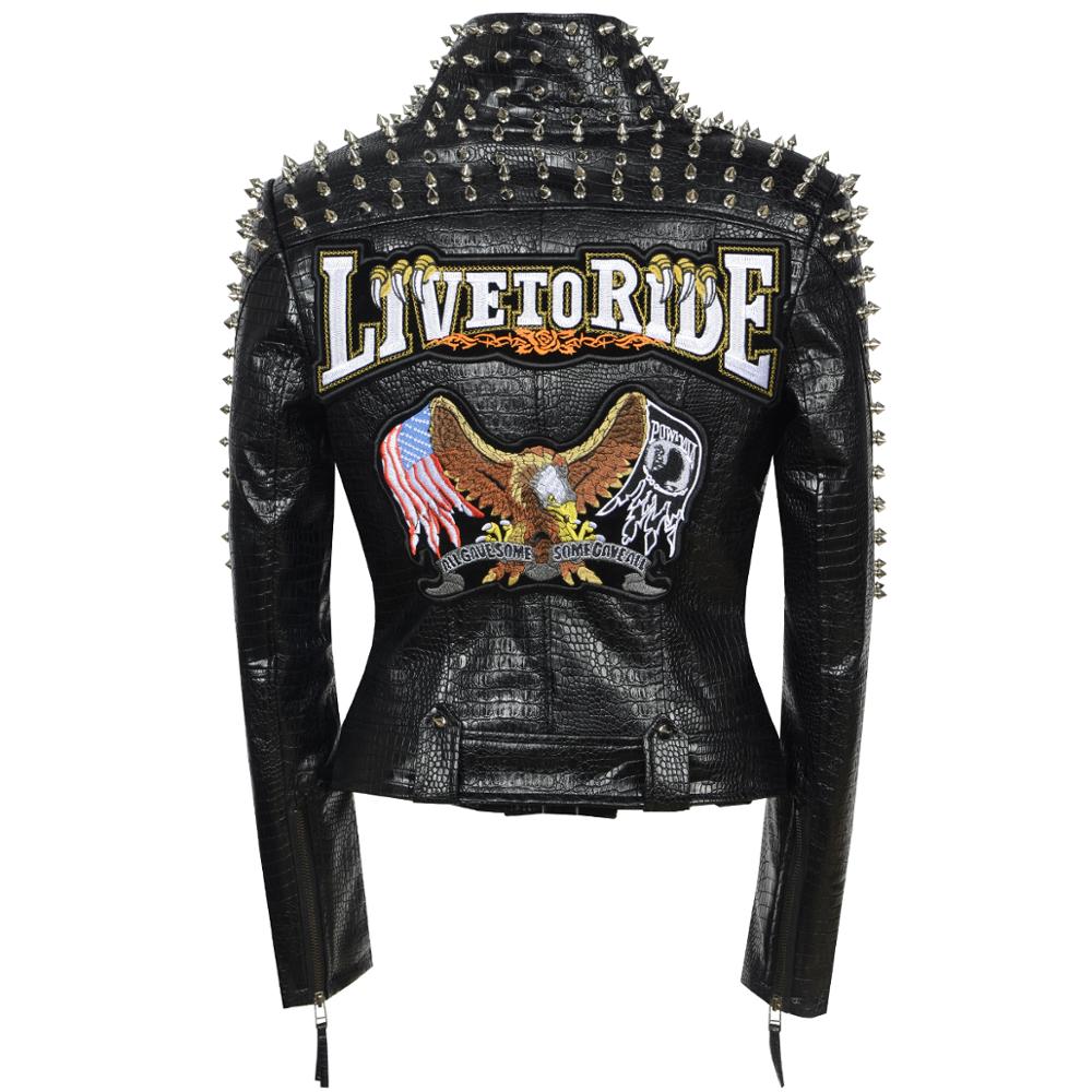 SX Occident Fashion women Club hot style Stud slim fit jacket shoulder rivets zip stitching short PU leather rock coat ying6