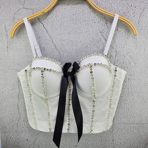 Women New Fashion Sexy Beaded Rhinestone Bow Mesh Camisole Wear Sleeveless Ropa De Mujer Short Bustier Corest Crop Tops S218 White