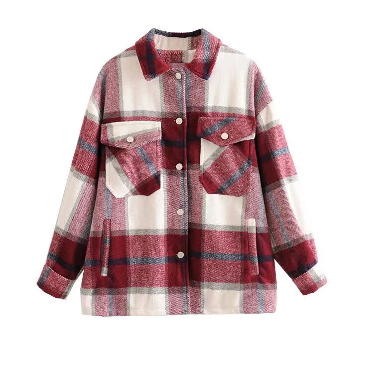 TEELYNN Long Sleeve Overshirt Women Coats 2024 Vintage Green Plaid Autumn Winter Warm Jacket Boho Casual Oversized Outwear Coat Red