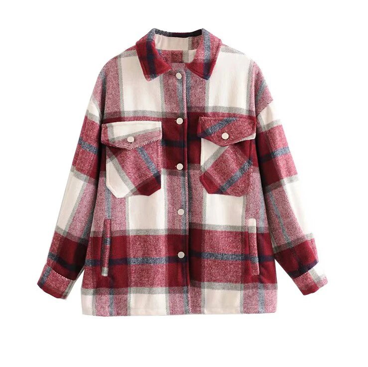 TEELYNN Long Sleeve Overshirt Women Coats 2024 Vintage Green Plaid Autumn Winter Warm Jacket Boho Casual Oversized Outwear Coat Red