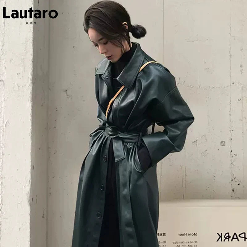 Autumn Long Black Cool PU Leather Trench Coat for Women Belt Single Breasted Loose Korean Fashion Wholesale Clothes 2022
