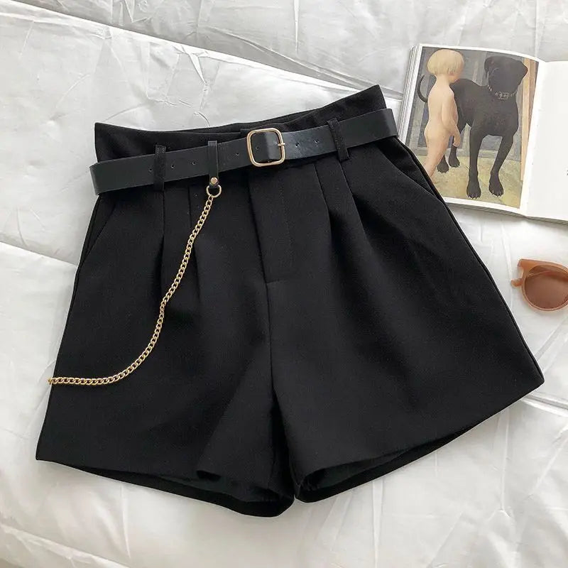 2021 New Casual Comfortable Elegant Wild Shorts With Belt Women's Woolen Shorts Autumn Winter Slim Wide Leg A-line Shorts black