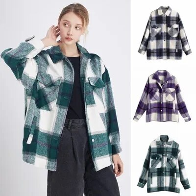 TEELYNN Long Sleeve Overshirt Women Coats 2024 Vintage Green Plaid Autumn Winter Warm Jacket Boho Casual Oversized Outwear Coat