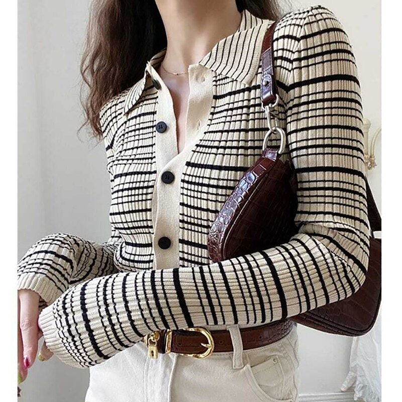 HELIAR Women Polo Collar Single Breasted Cardigan Sweater Striped Long Sleeve Jumpers Knit Office Sweater For Women Fall Winter
