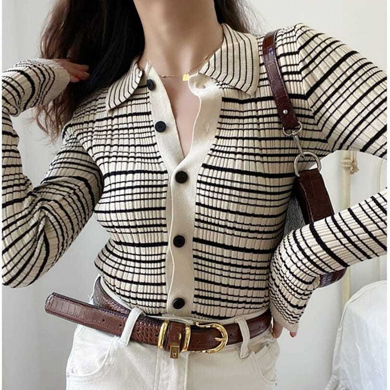 HELIAR Women Polo Collar Single Breasted Cardigan Sweater Striped Long Sleeve Jumpers Knit Office Sweater For Women Fall Winter