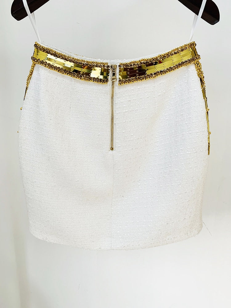 HIGH STREET Newest 2024 Designer Fashion Women's Stunning Metallic Diamonds Strass Handwork Beaded Tweed Mini Skirt