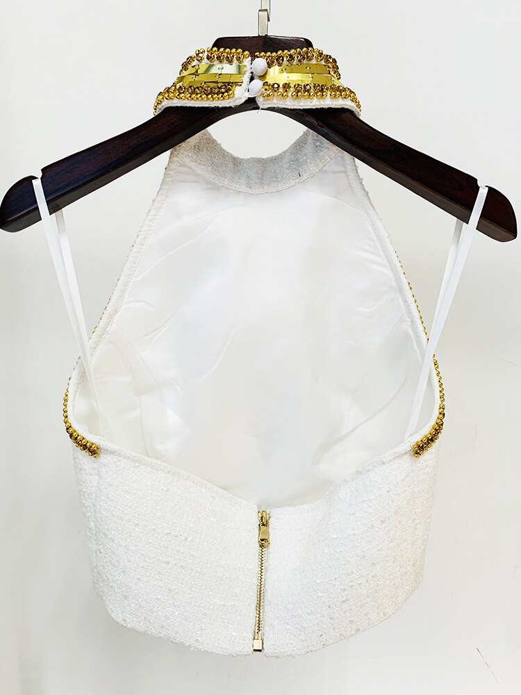 HIGH STREET Newest Fashion 2024 Designer Tops Women's Stunning Metallic Diamonds Beaded Halter Neck Tweed Camis Tank Tops