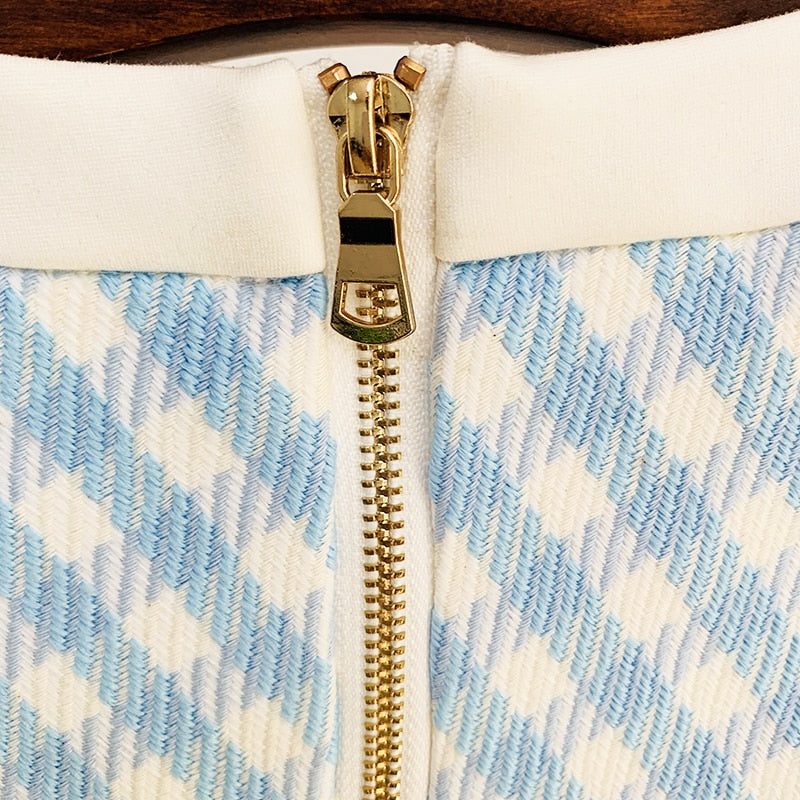 HIGH STREET Newest Fashion Fall Winter Designer Women's Short Sleeve Lion Buttons Color Block Plaid Tweed Dress