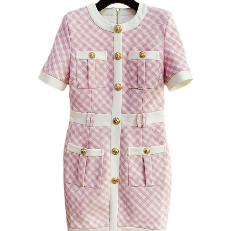 HIGH STREET Newest Fashion Fall Winter Designer Women's Short Sleeve Lion Buttons Color Block Plaid Tweed Dress Pink
