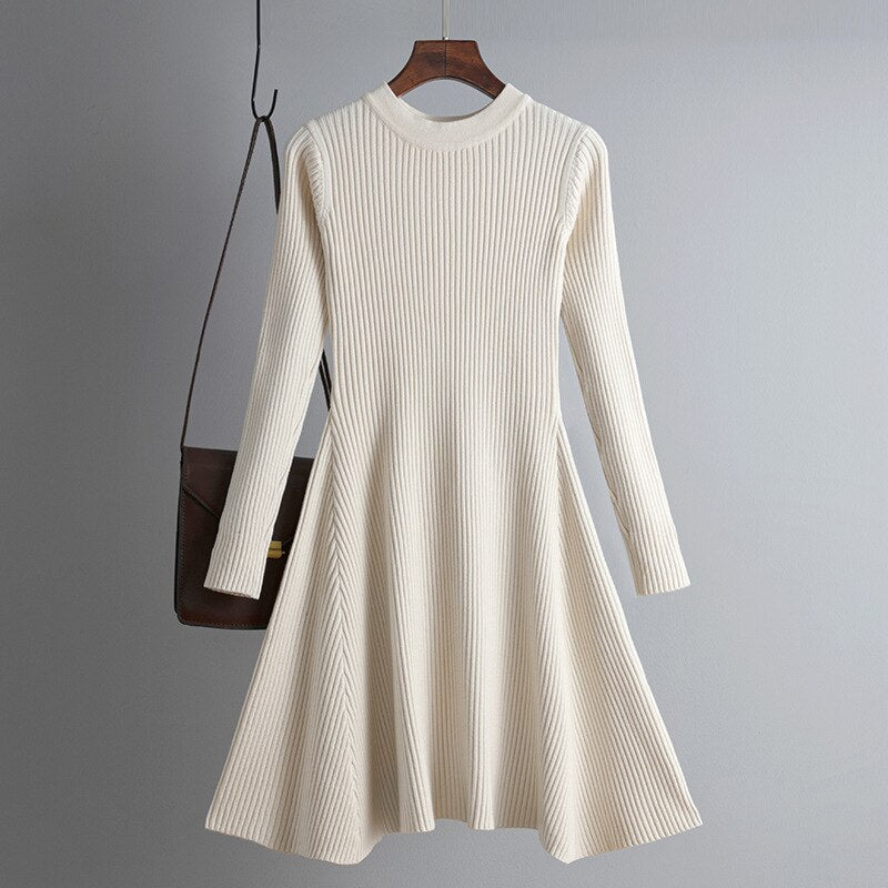HLBCBG basic autumn winter short aline thick sweater dress elegant knit dress women slim mini dress Female chic knit sexy dress Apricot One Size