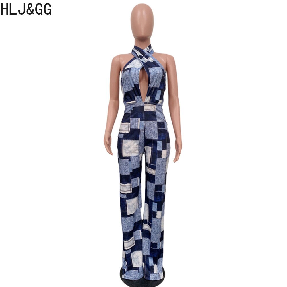 HLJ&GG Blue Sexy Denim Color Patchwork Jumpsuits Women Hollow Out Halter One Piece Playsuits Casual Plaid Printing Overalls 2024