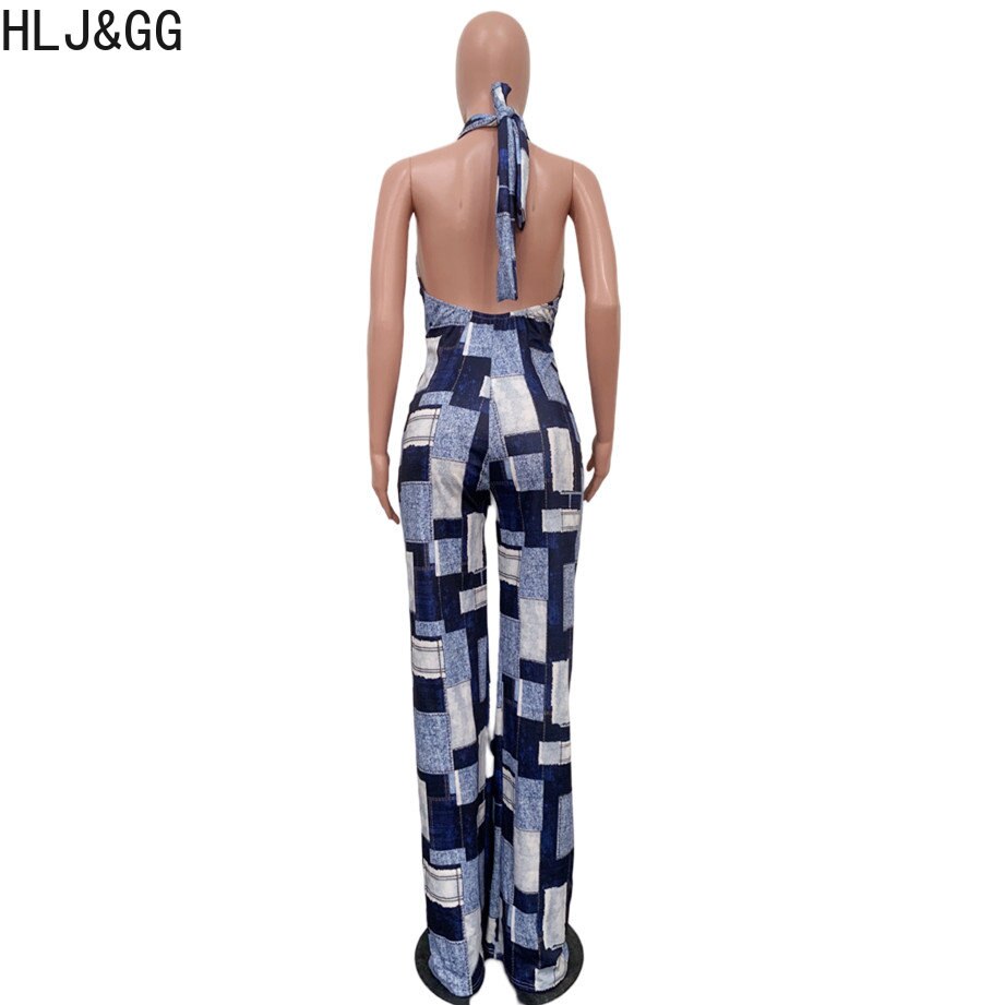 HLJ&GG Blue Sexy Denim Color Patchwork Jumpsuits Women Hollow Out Halter One Piece Playsuits Casual Plaid Printing Overalls 2024