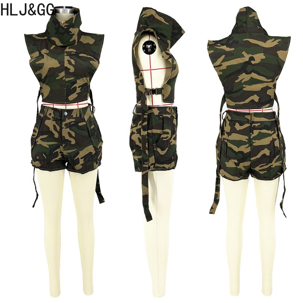 HLJ&GG Fashion Street Style Women Camouflage Printing Turtleneck Sleeveless Crop Top And Shorts Two Piece Sets Outfits 2024 New