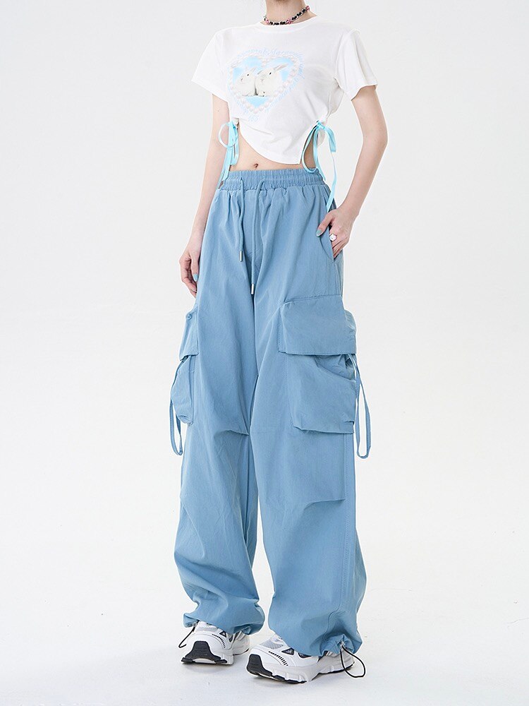 HOUZHOU Harajuku Y2k Wide Cargo Pants Women Baggy Hip Hop Style Black Parachute Pants Pink Oversized Joggers Korean Streetwear Blue