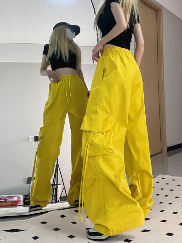 HOUZHOU Harajuku Y2k Wide Cargo Pants Women Baggy Hip Hop Style Black Parachute Pants Pink Oversized Joggers Korean Streetwear