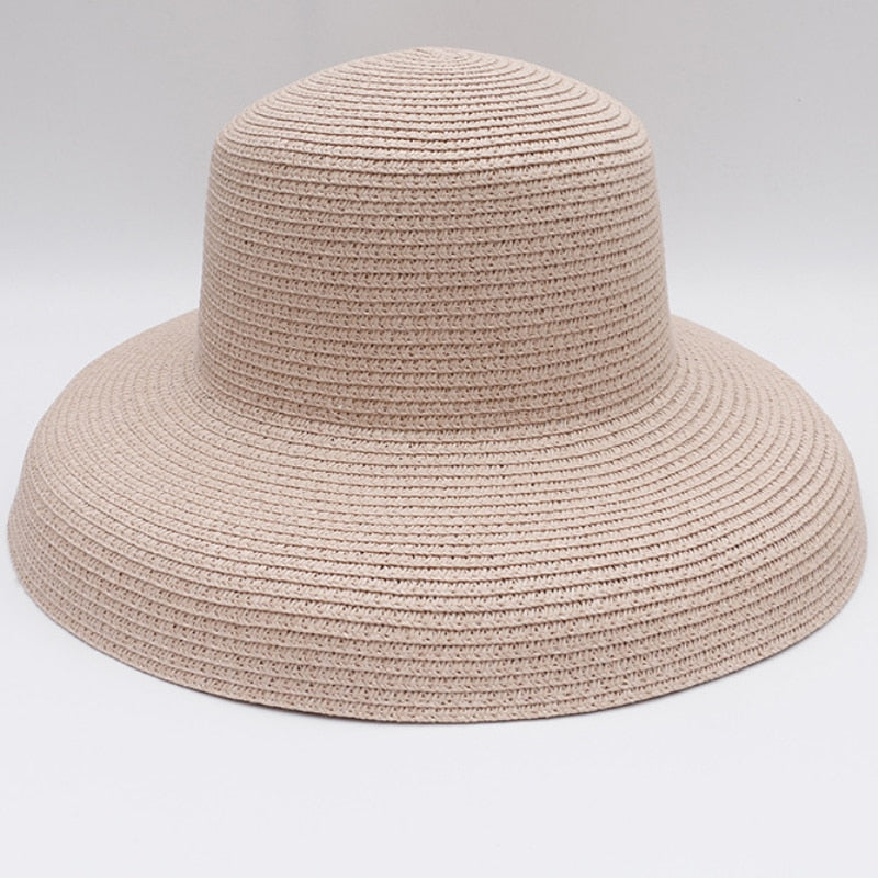 HT2303 2024 New Summer Sun Hats Ladies Solid Plain Elegant Wide Brim Hat Female Round Top Panama Floppy Straw Beach Hat Women Pink