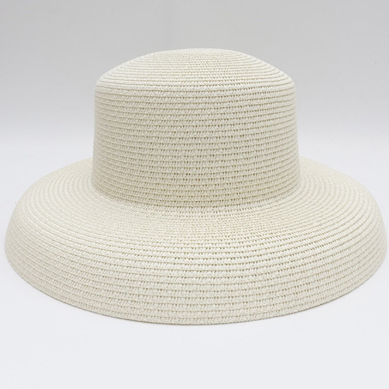 HT2303 2024 New Summer Sun Hats Ladies Solid Plain Elegant Wide Brim Hat Female Round Top Panama Floppy Straw Beach Hat Women Ivory