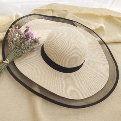 HT2504 Sun Hat Summer anti-UV Lady Wide Brim Hat Women Solid Plain Floppy Summer Straw Hats for Women Female Mesh Brim Beach Hat Beige 56-58cm
