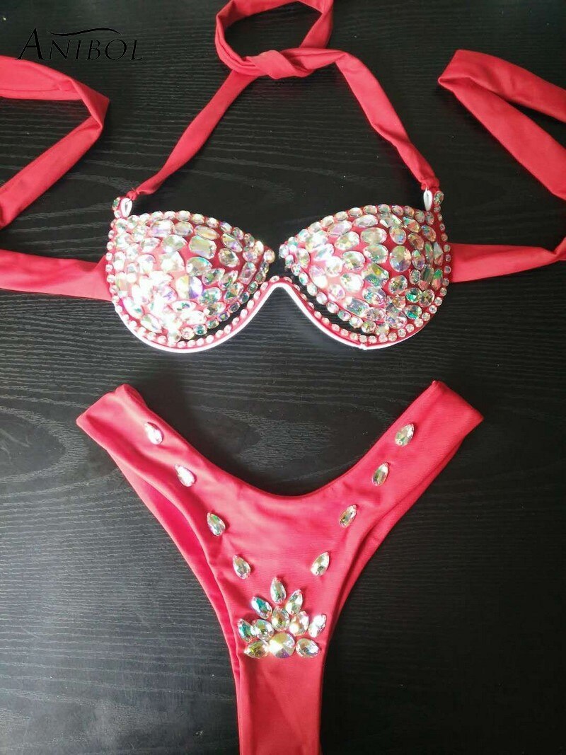 Rhinestone Triangle Bikini Luxury Crystal Diamond Women's Swimsuit Sexy Push Up Gathered Swimwear Biquini F094red