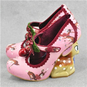 Vivid Painted Deer Heel Bridal Wedding Shoes Design Cherry Belt Buckle Printed Color Strange High Heel Shoes Woman pink