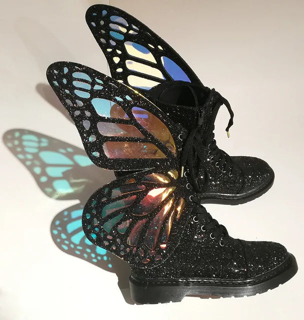 Butterfly Wings Women Shoes Shine Silver Leather Flat Sneakers Lace Up Women's ankle boots high-top Leisure Platform Shoes 2024 Black
