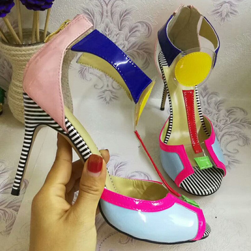 Sweet Jelly Color Peep Toe Gladiator Sandals Women Stiletto Heel T-strap Back Zip Patent Leather Mixed Color Summer Shoes Colorful
