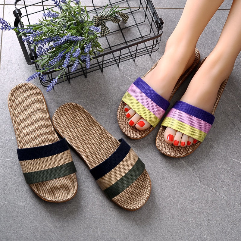 Suihyung Summer Flax Slippers Women Men Casual Linen Slides Multi-Style Non-Slip EVA Home Flip Flops Indoor Shoes Female Sandals