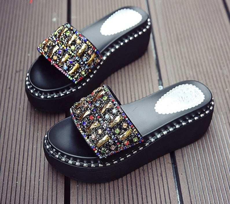 Platform Rhinestone Sandals Slippers Women Gemstone Slides Women Shoes Wedge Slippers String Bead Beach Slides Shoes