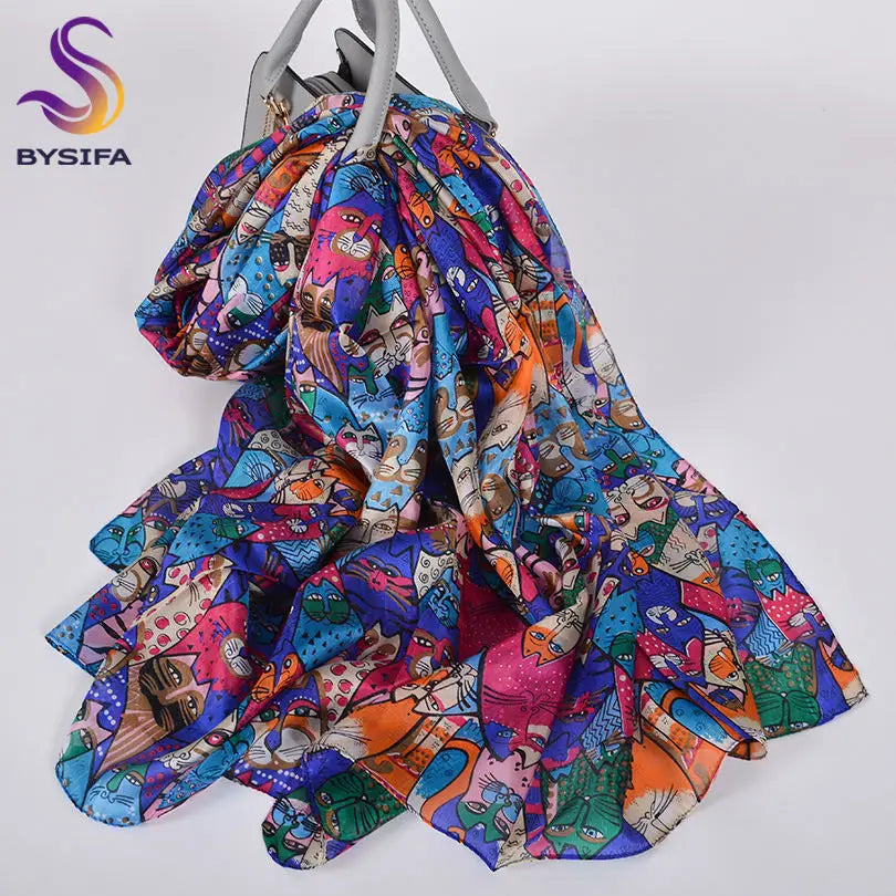 Ladies Green 100% Silk Scarf Shawl Winter Rose Design Women Pure Silk Scarves Wraps Fashion Beach Shawl Cover Ups Pink Scarf blue pink cat