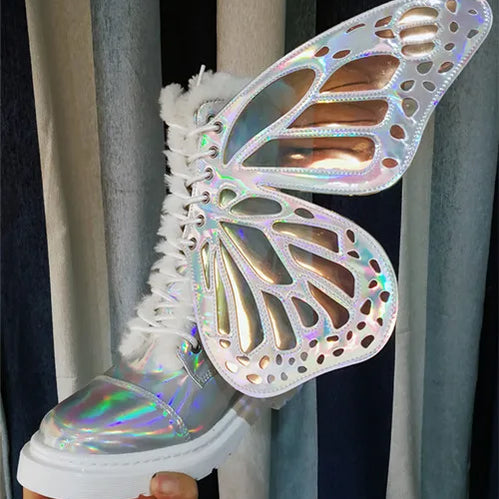 Butterfly Wings Women Shoes Shine Silver Leather Flat Sneakers Lace Up Women's ankle boots high-top Leisure Platform Shoes 2024 White