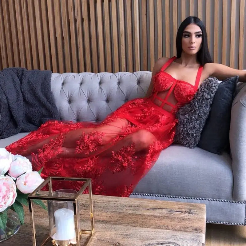 Red Lace Sleeveless Hollow Out Long Rayon Bandage Dress Evening Party Cute Dress