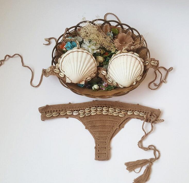 Shell Crochet 2 Pieces Bikini Set Sexy - Adjustable Strings Swimsuit Bra Wrapped Chest - Bikinis Handmade Knitted Swimwear