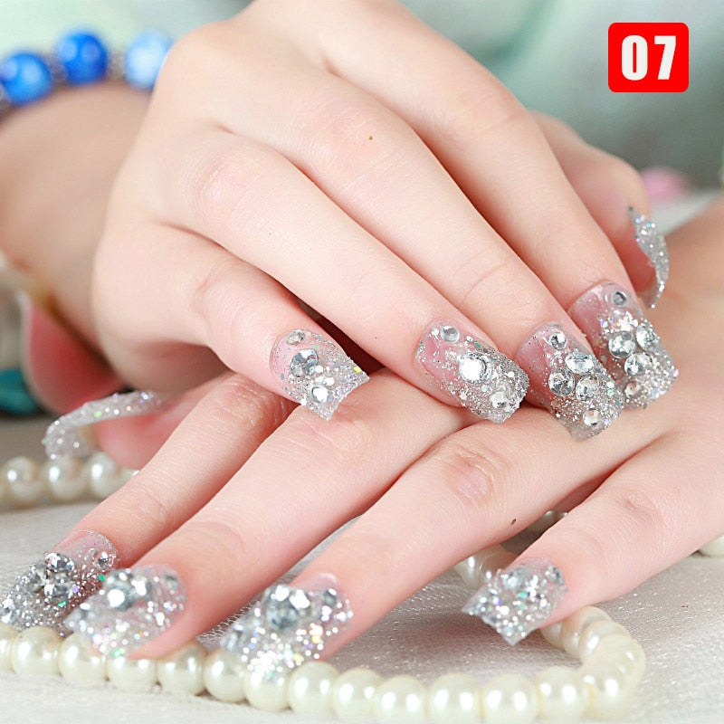 24pcs False Nails Floral Beads Decorated Artificial Nail Tips Bride Reusable Fingernails Fake Nail Press On Nail накладные ногти 7