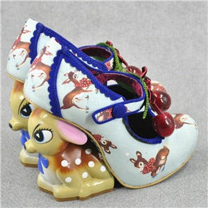 Vivid Painted Deer Heel Bridal Wedding Shoes Design Cherry Belt Buckle Printed Color Strange High Heel Shoes Woman Blue
