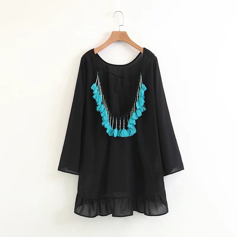 セクシーな背中の開いたタッセルビキニカバーアップシフォンサマービーチドレス水着