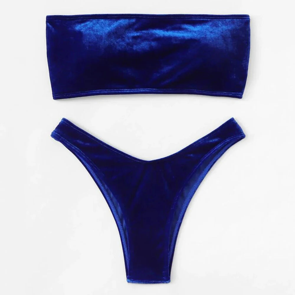 Velvet Bikinis 2023 Women Brazilian Bandeau Swimsuit Solid Sexy Swimwear Female Beachwear Bathers Bathing Swimming Swim Suit Blue