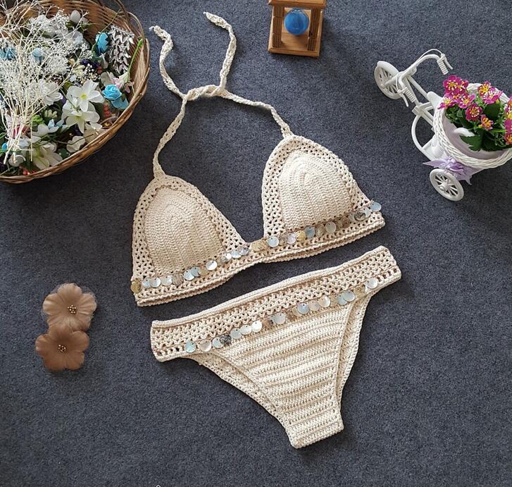 Shell Crochet 2 Pieces Bikini Set Sexy - Adjustable Strings Swimsuit Bra Wrapped Chest - Bikinis Handmade Knitted Swimwear S0682