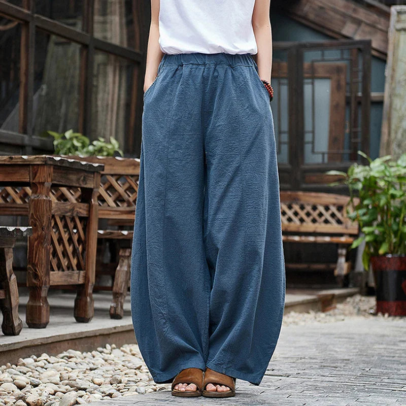 Johnature Casual Style Cotton Linen Women Pants Spring Summer New Elastic Waist Solid Color Women Vintage Wide Leg Pants